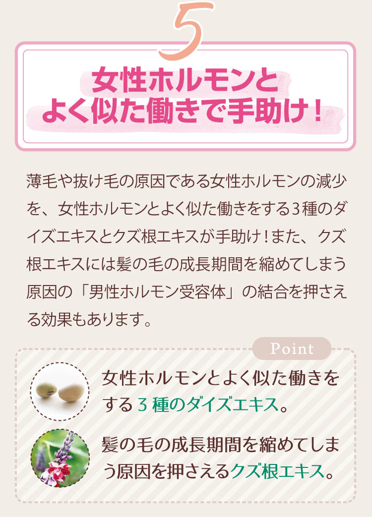 5-女性ホルモンとよく似た働きで手助け！女性ホルモンとよく似た働きをする3種のダイズエキスと、髪の毛の成長期間を縮めてしまう原因を抑えるクズ根エキス配合